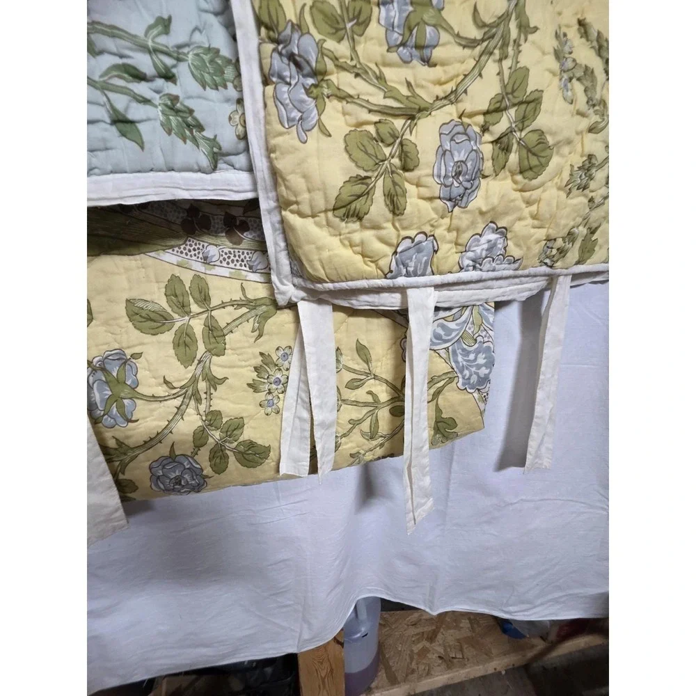 Pottery Barn Queen Quilt 93x89 Reversible Floral Yellow Blue + 2 Standard Shams